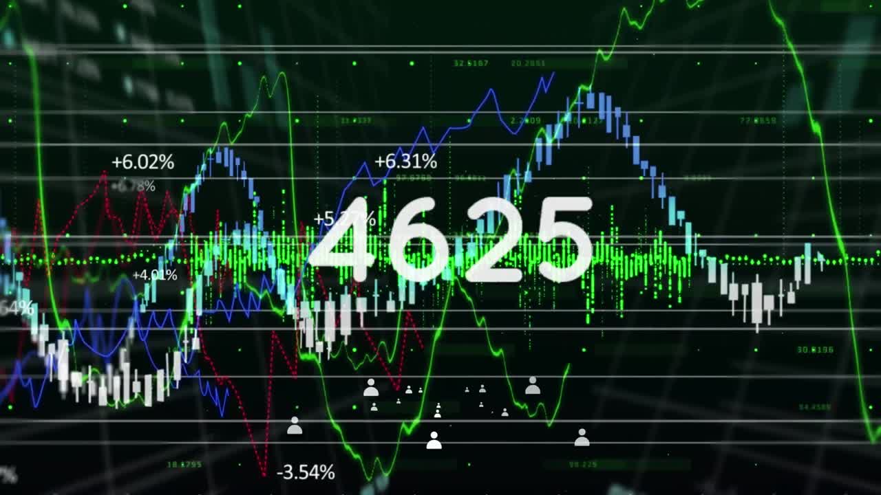 Animatie van stijgende cijfers over grafiek met data op zwarte achtergrond