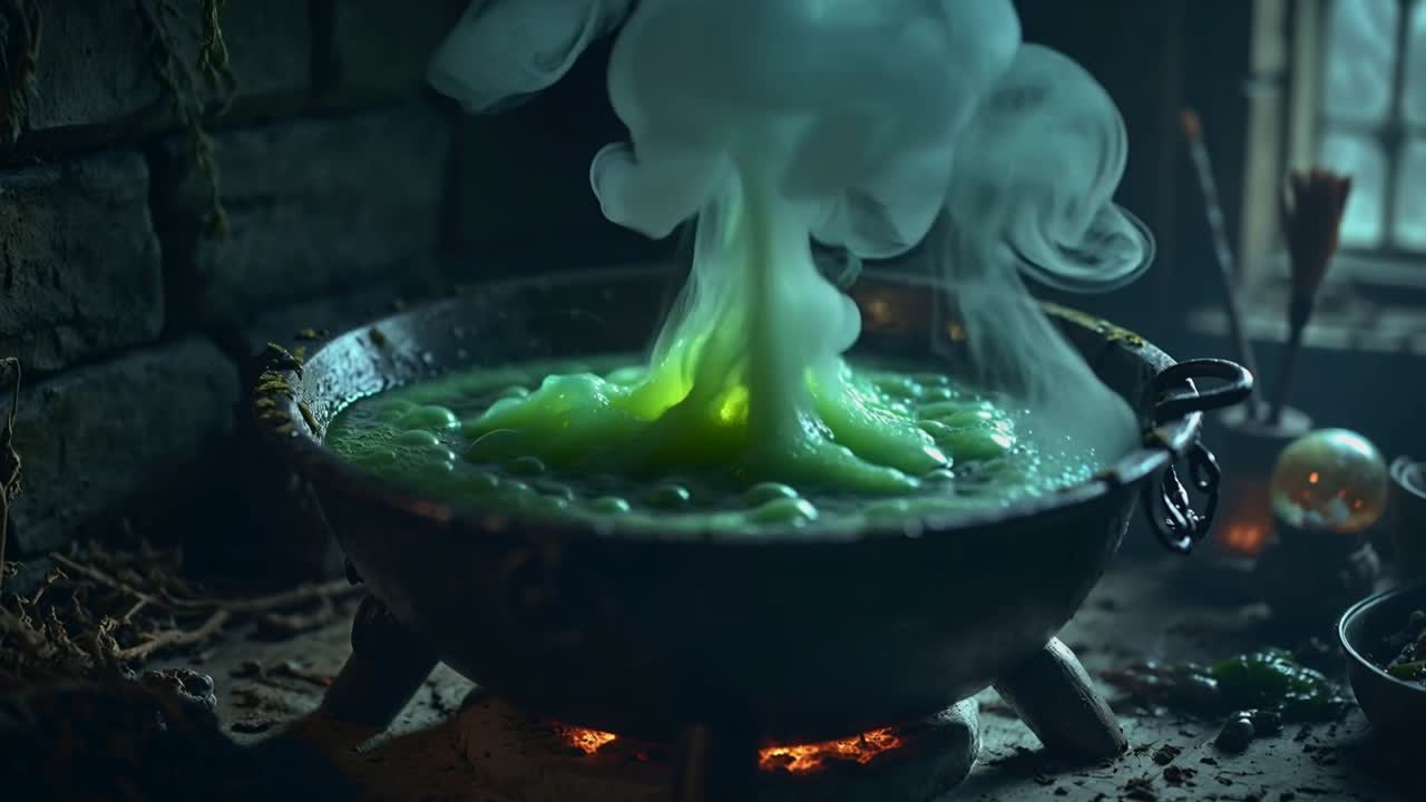Heating wood fire under iron cauldron causing green potion bubbling on hearth, with golden sparks