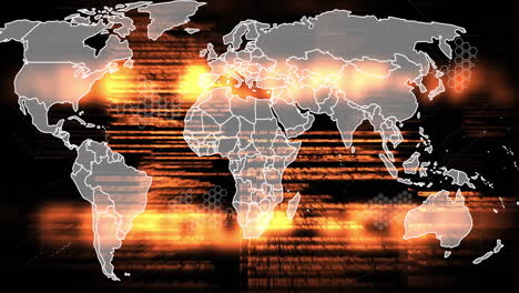 Weltkarte-Mit-Leuchtenden-Datenpunkten-Und-Sechseckigen-Mustern-Auf-Digitalem-Hintergrund