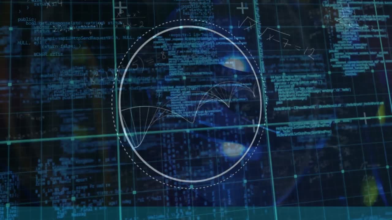 Animation of blue grid with circular scanner and dna helix over data processing, on black screen