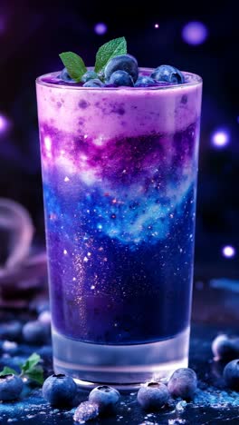 indulge in a galactic themed beverage infused with fresh blueberries and cool mint leaves