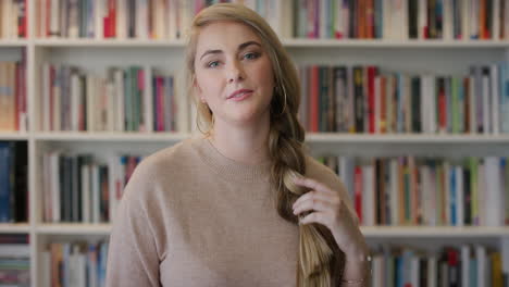 retrato hermosa joven mujer rubia estudiante corriendo con la mano a través del cabello sonriendo juguetón en el fondo de la biblioteca