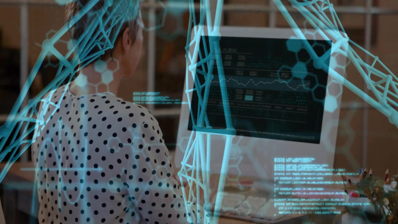 Office woman shifting while monitor updating, causing hex overlay to reveal code graph for research
