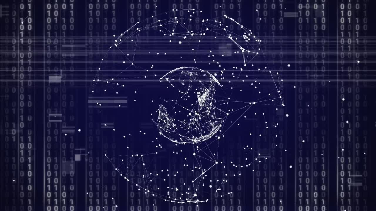 Animation of data processing and globe of connections on black background