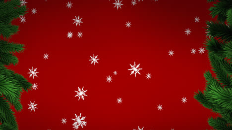 Christmas-tree-branches-and-snowflakes-icons-falling-against-red-background