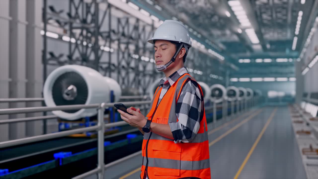 Vista laterale di un ingegnere asiatico con casco di sicurezza che usa lo smartphone e si guarda intorno mentre è in piedi in una fabbrica moderna, presso una linea di produzione e assemblaggio di motori aeronautici.