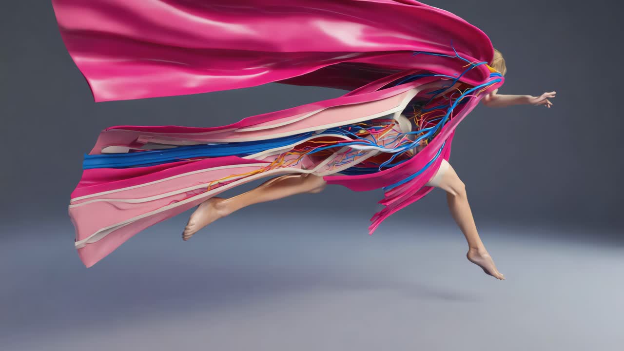 Dynamic Anatomical Figure with Flowing Pink Fabric