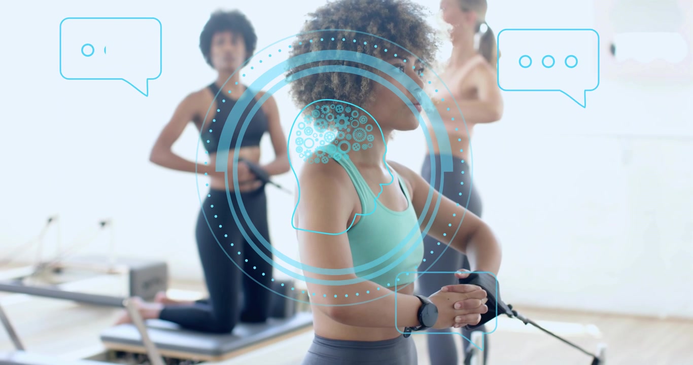 With Pilates class starting woman pulling cables twisting torso digital overlay for core engagement