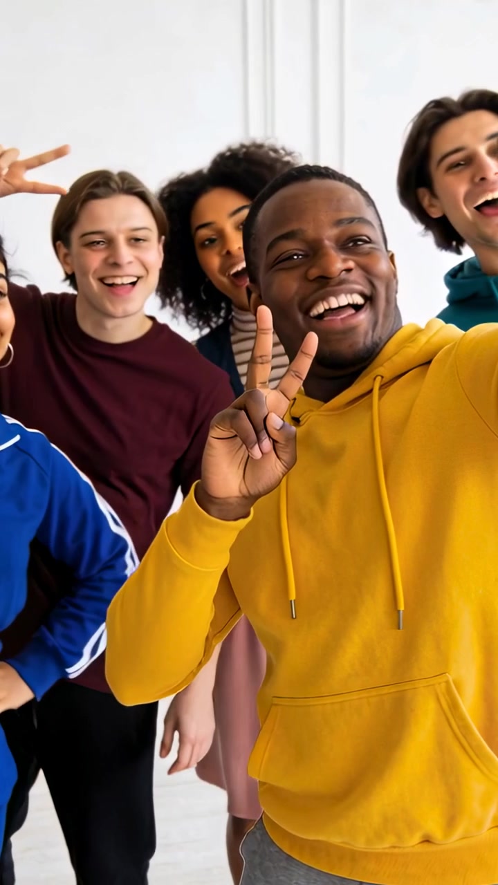Vertical video: Stepping, yellow-hoodie man holding smartphone gathering group for selfie in studio