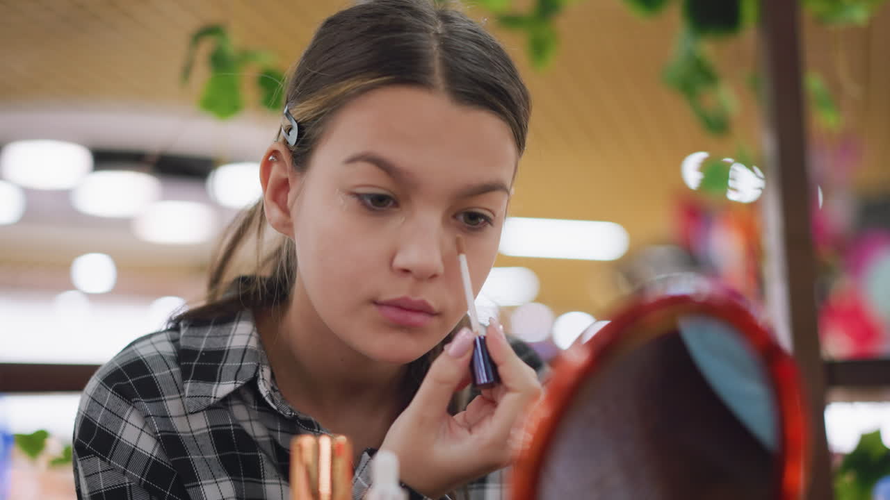 niña aplicando cuidadosamente polvo de fundación bajo los ojos usando un pincel de precisión mientras se mira en el espejo, un entorno bien iluminado mejora el tono de la piel y perfecciona la aplicación de maquillaje facial
