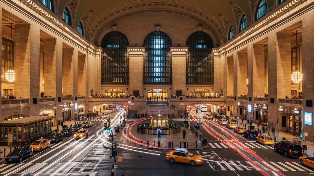 Grand Central Terminal at Night with Light Trails