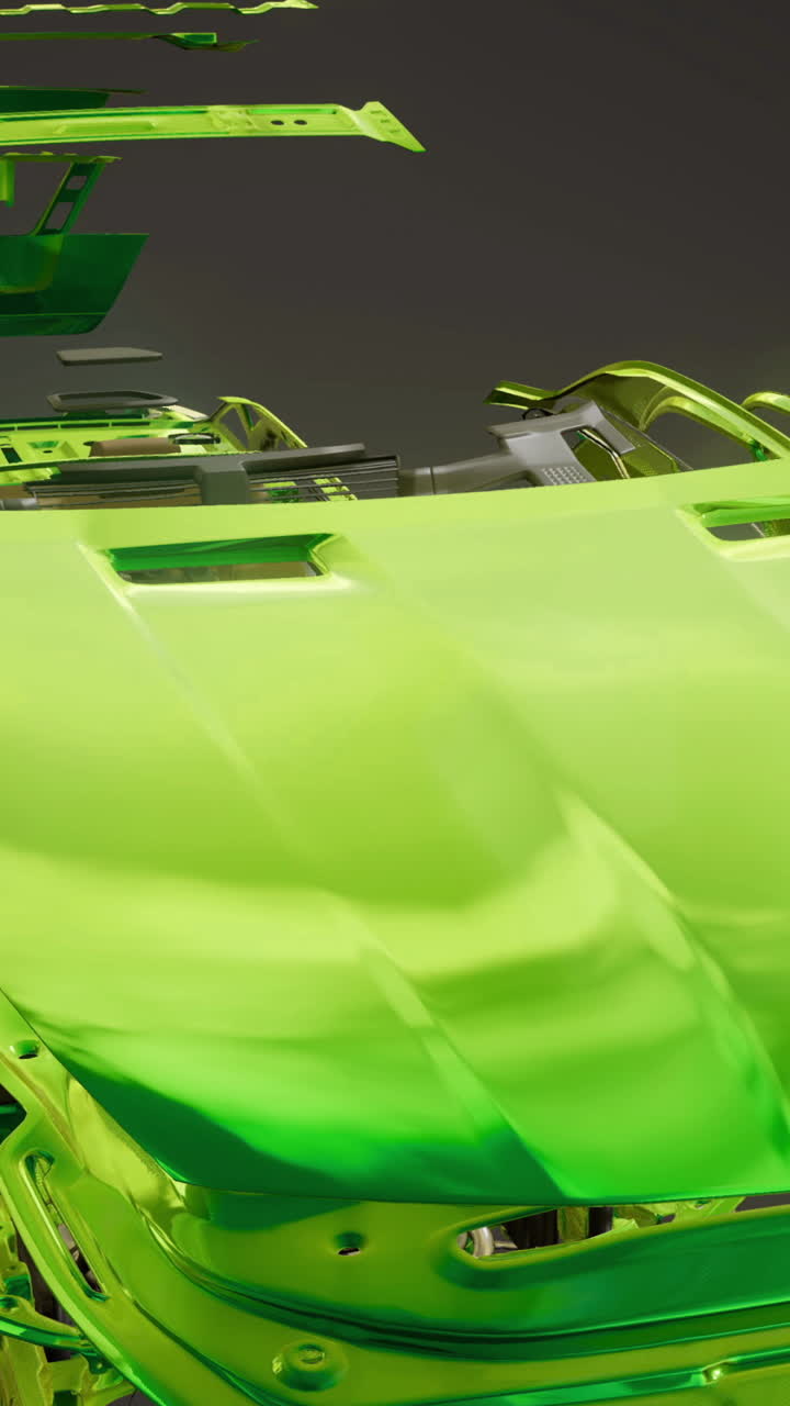 Disassembled green car parts displayed creatively for artistic reconstruction