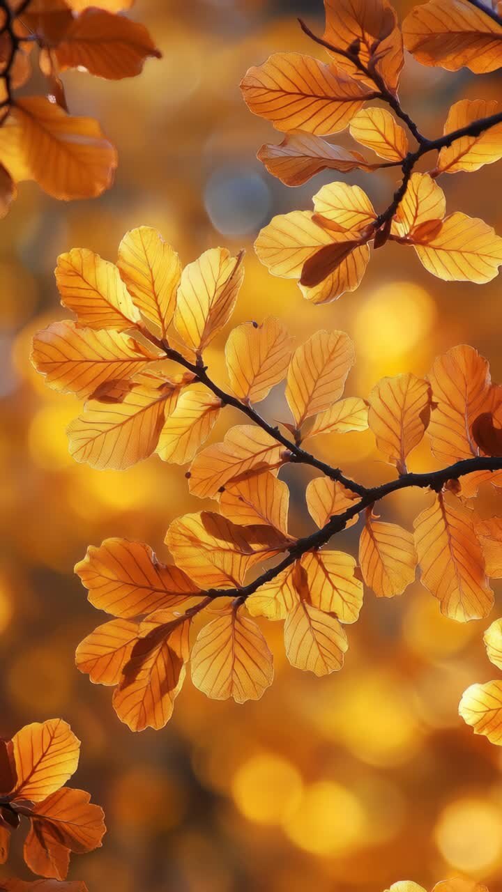 Close-up video of autumn leaves with warm sunlight filtering through