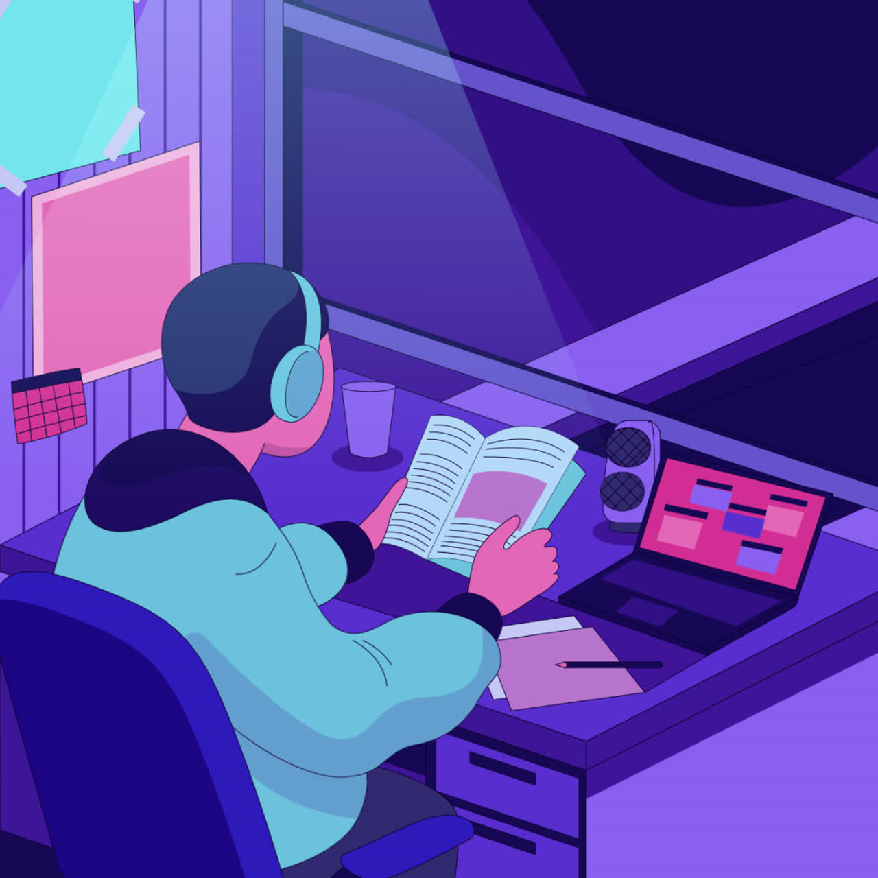 студент, изучающий ночью