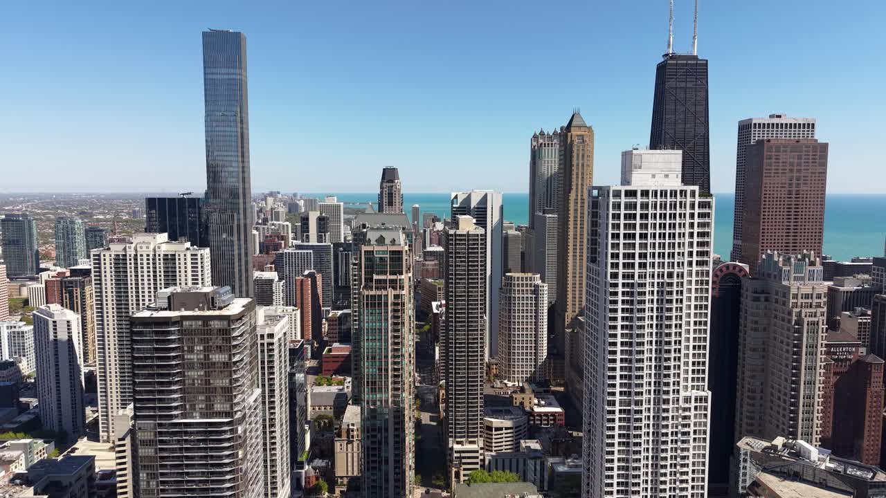 Downtown Chicago Cityscape Skyline, Aerial View of Skyscrapers and Towers With Lake Michigan in Background