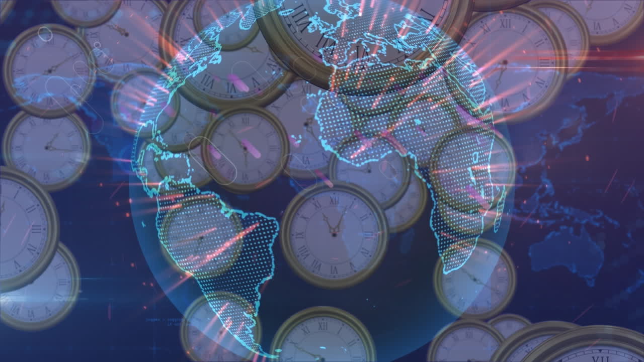 Animation of globe over floating clocks