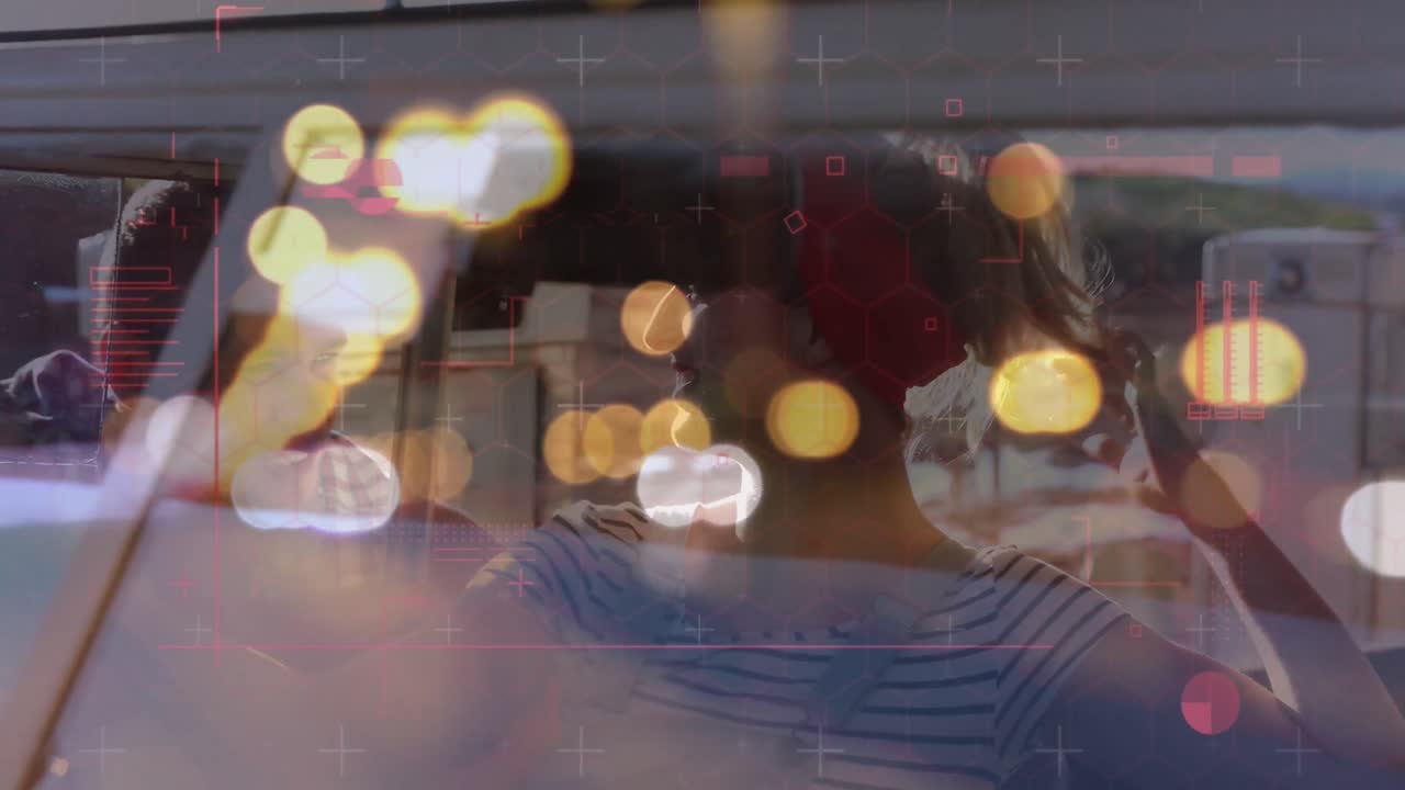 자동차에 타고 있는 두 명의 백인 사람들에 대한 디지털 데이터 처리 애니메이션