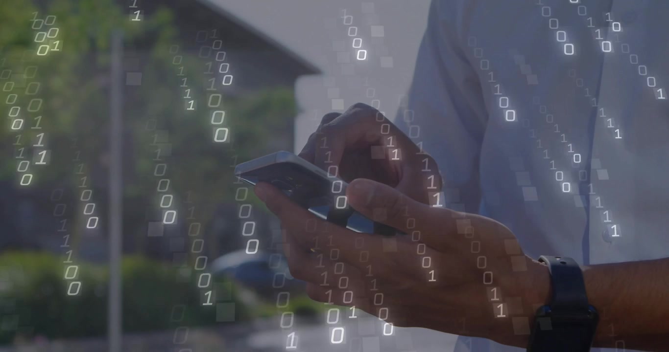 Tech professional tapping smartphone and activating binary digits for real-time data visualization
