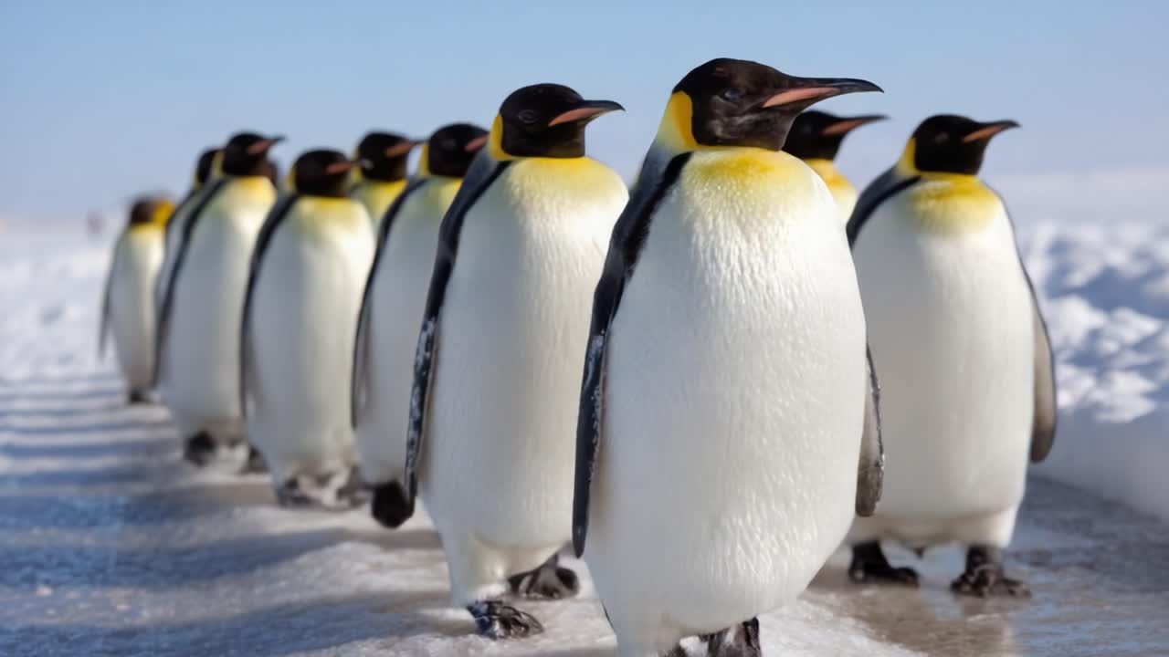 A Line of Majestic Emperor Penguins Walking Through Snowy Terrain, Showcasing Their Unique Black and Yellow Plumage Under Clear Blue Skies