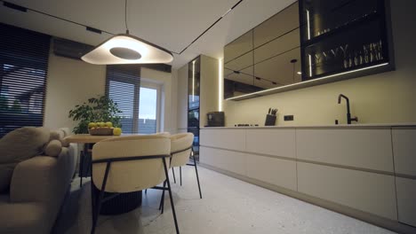 stylish and elegant minimalist home interior featuring clean lines, neutral colors, and warm ambient lighting, creating a cozy and modern atmosphere.