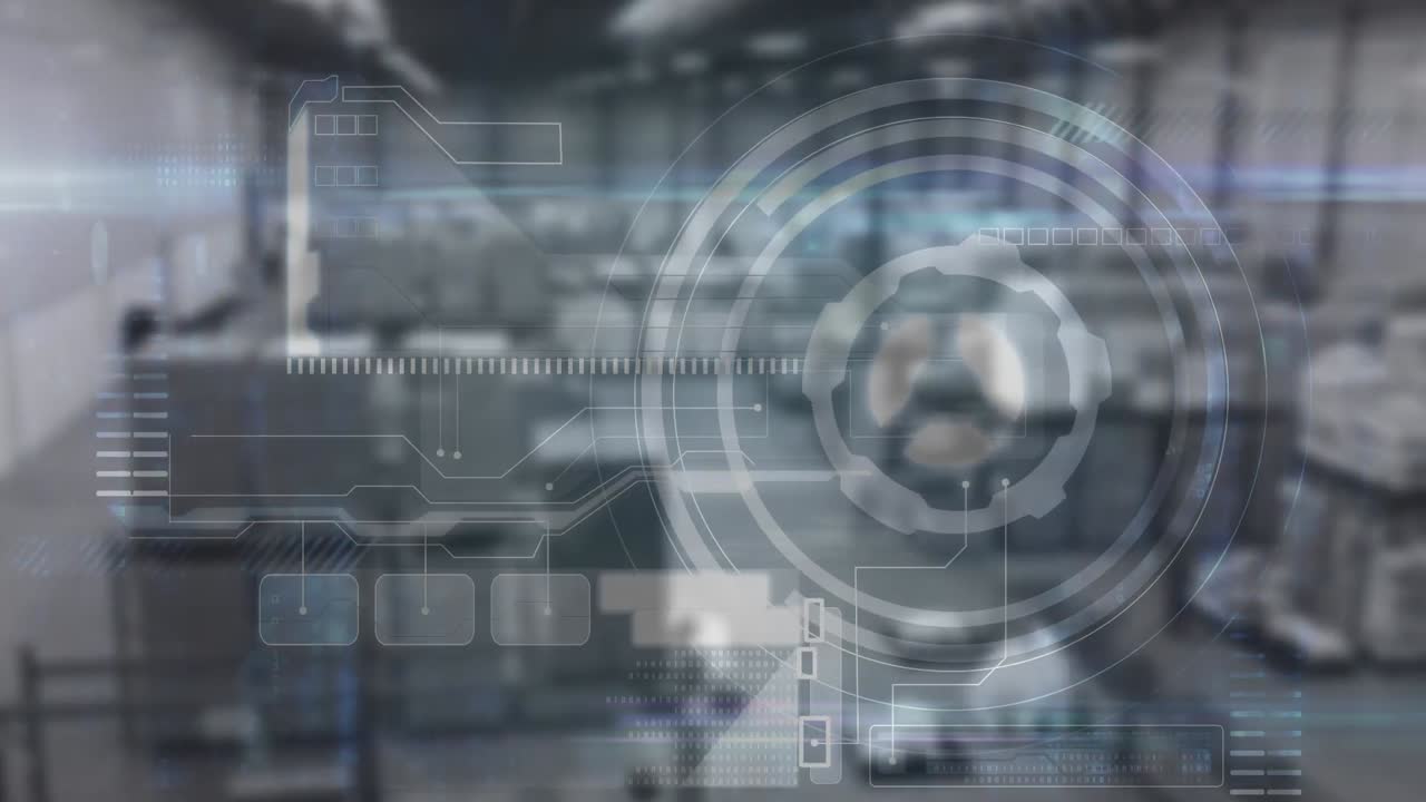 흐려진 창고 위에 다양한 데이터를 가진 디지털 화면의 애니메이션