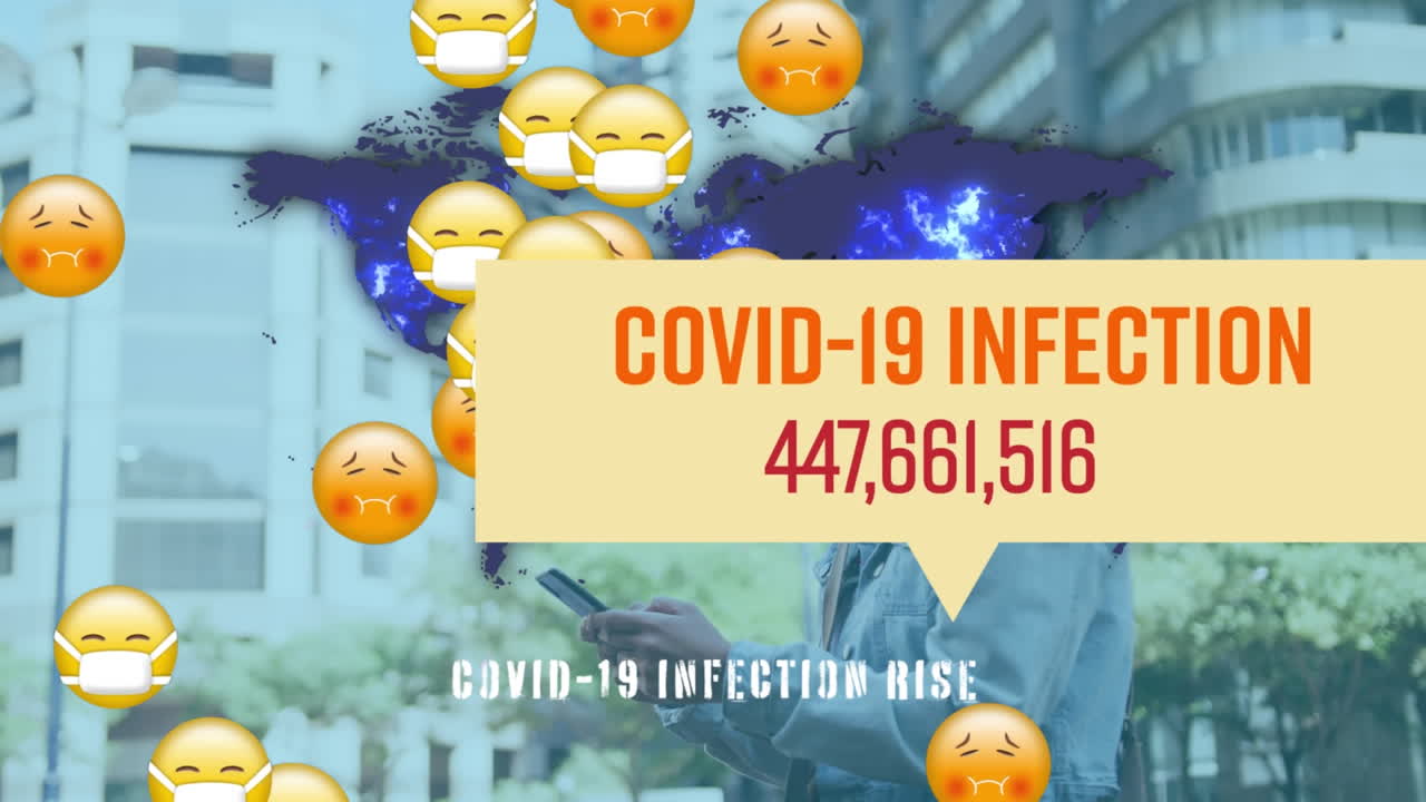 코로나 19 데이터 처리의 애니메이션 여성과 얼굴 마스크를 가진 여러 병자 이모지