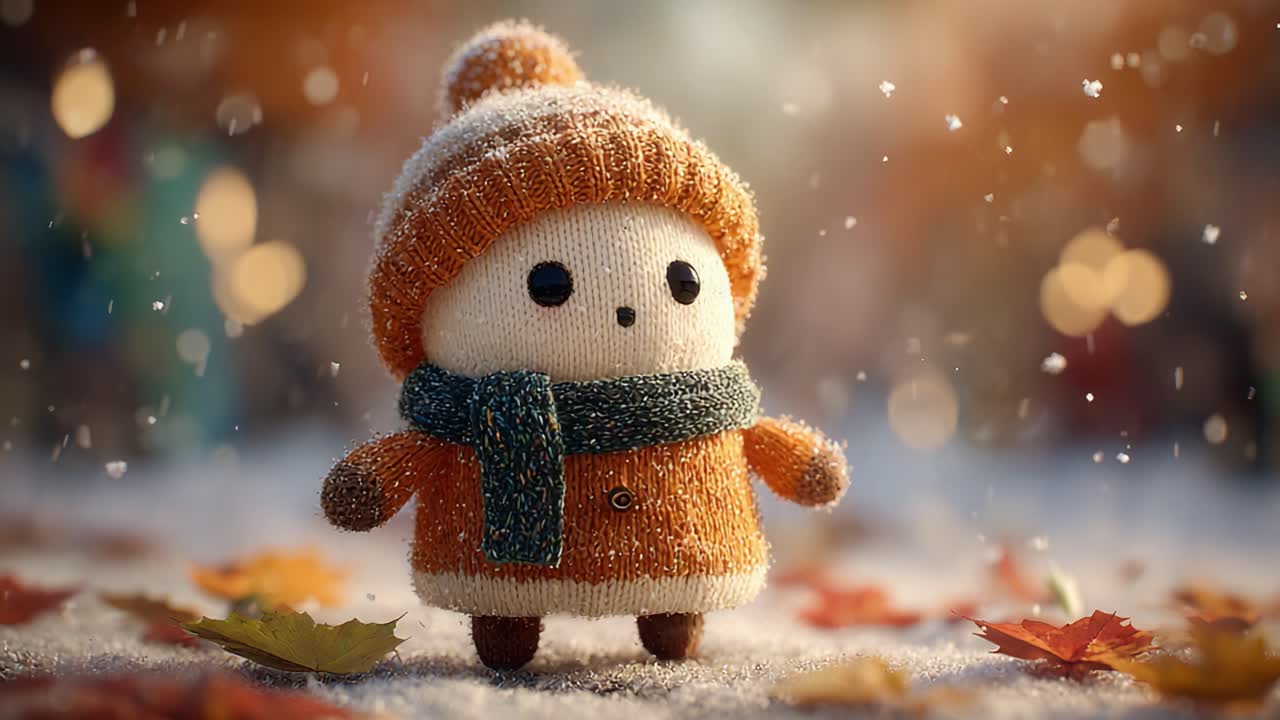 Charming Snowy Scene Featuring a Cozy Plush Toy in an Orange Hat and Scarf Surrounded by Colorful Autumn Leaves and Glimmering Snowflakes