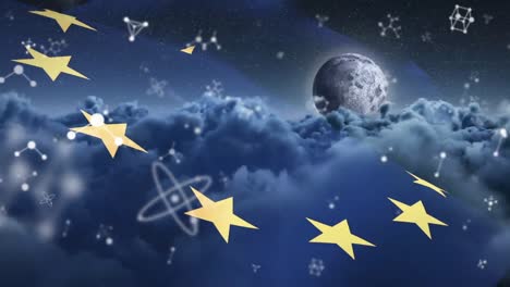 animation of molecules moving over eu flag and cloudy sky