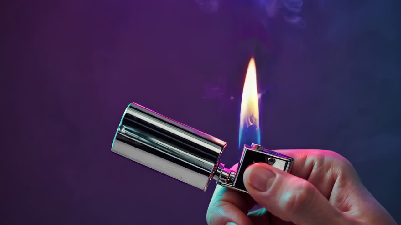 Close-up of a stylish lighter with vibrant flame
