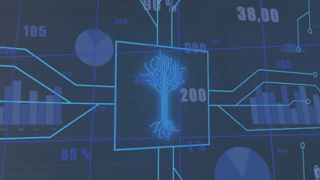 animación de la red de conexiones con placas de circuitos y procesamiento de datos financieros