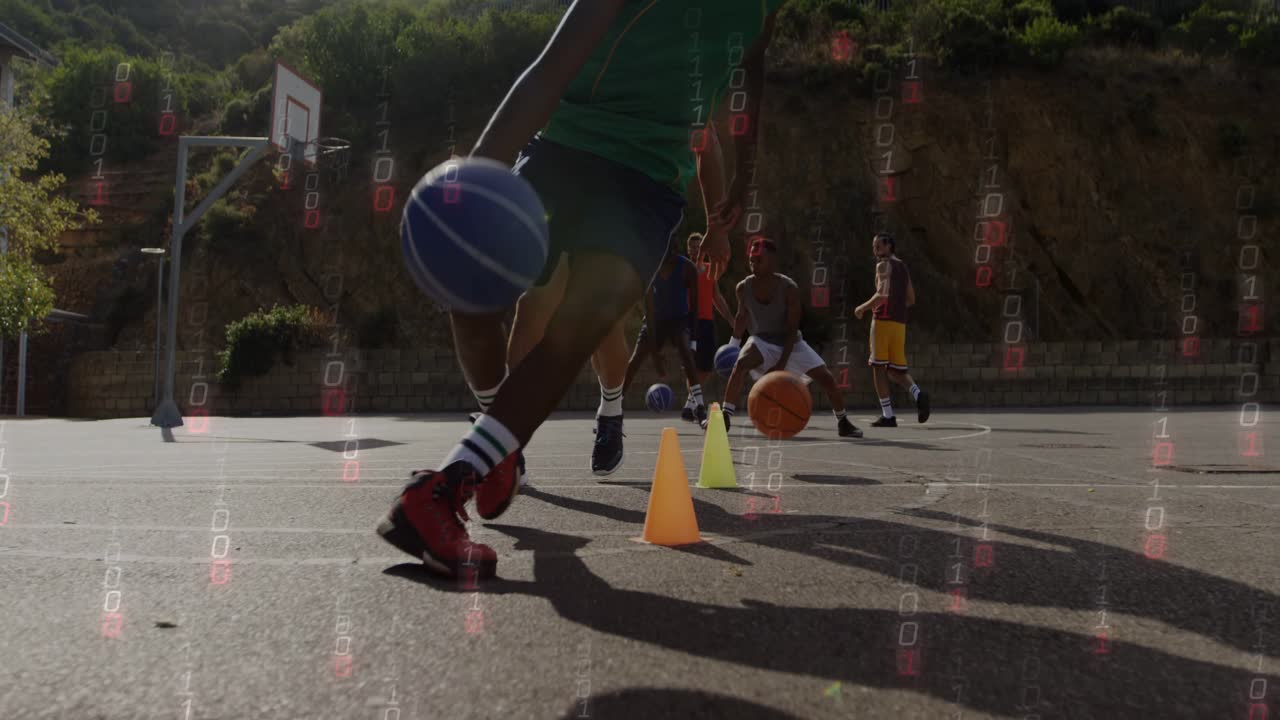 Men entering sports drill lead player dribbling blue ball weaving cones motion lines showing feet
