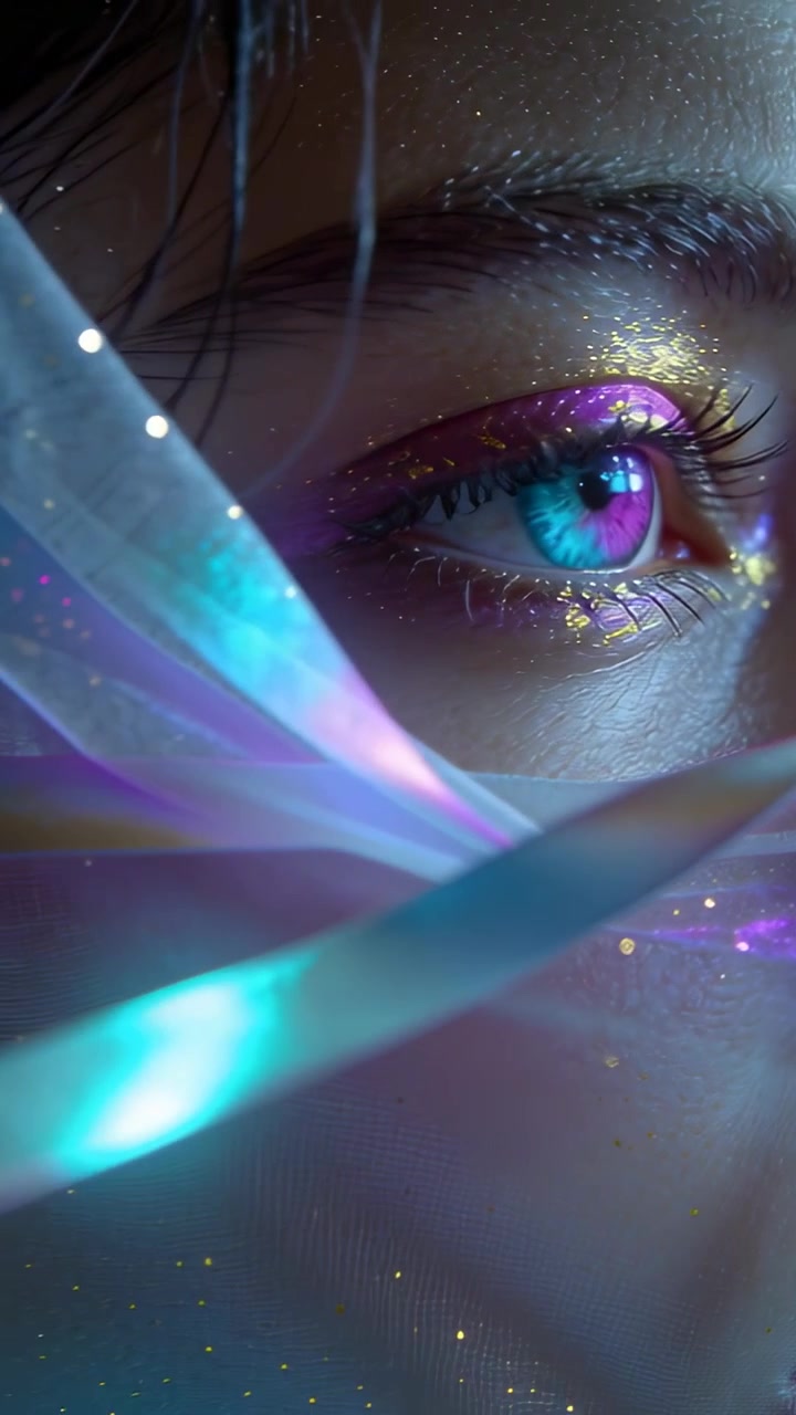 Vertical video: Drifting ribbon, model eye blinking, creating hue shifts on bicolor iris in studio