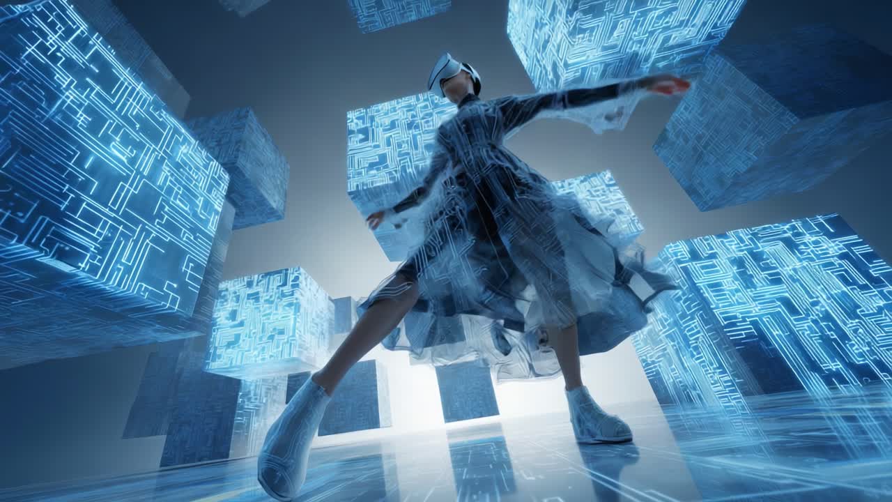 Woman in Virtual Reality with Futuristic Tech Cubes