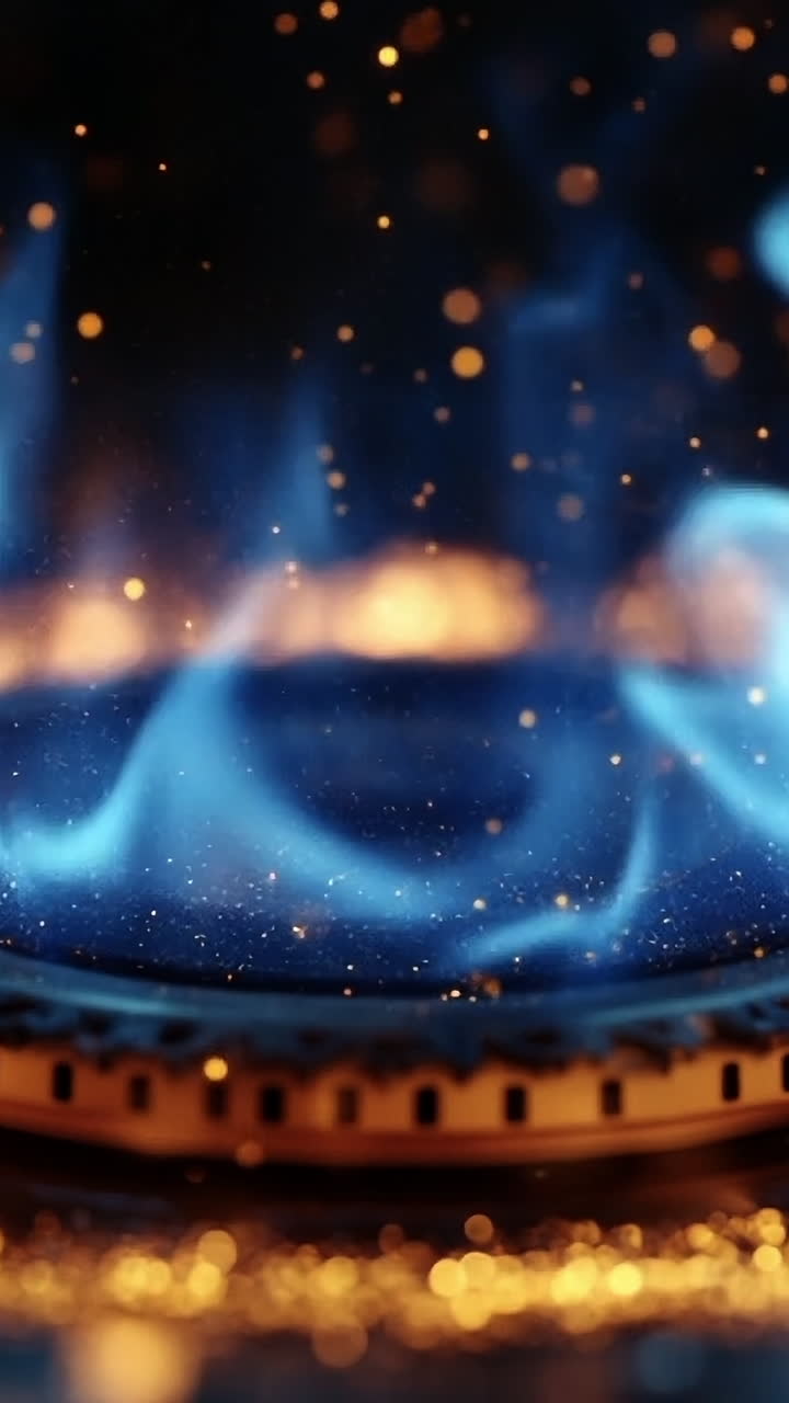 Flames dance on gas stove. Bright blue flames flicker and swirl around a gas burner, creating an enchanting display of light and energy.