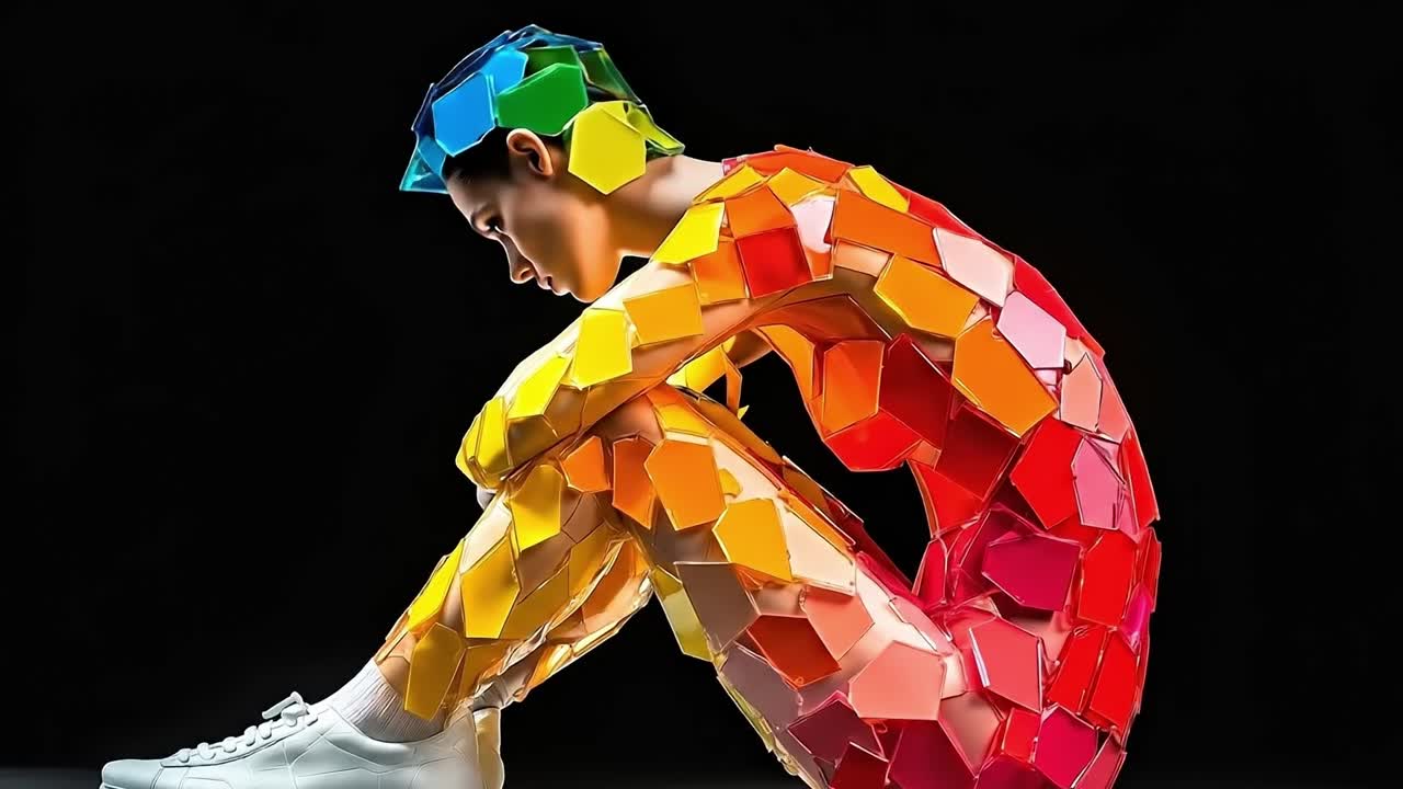 A man in a colorful suit sitting on the ground