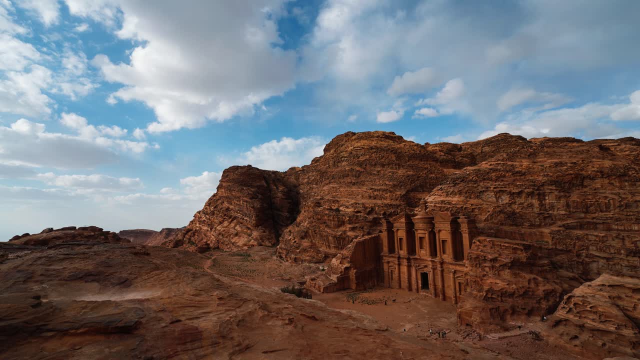 Time lapse video of Ad Deir Monastery in Petra, Jordan, the famous historic UNESCO heritage site with The Treasury carved into sandstone and limestone by the Nabateans