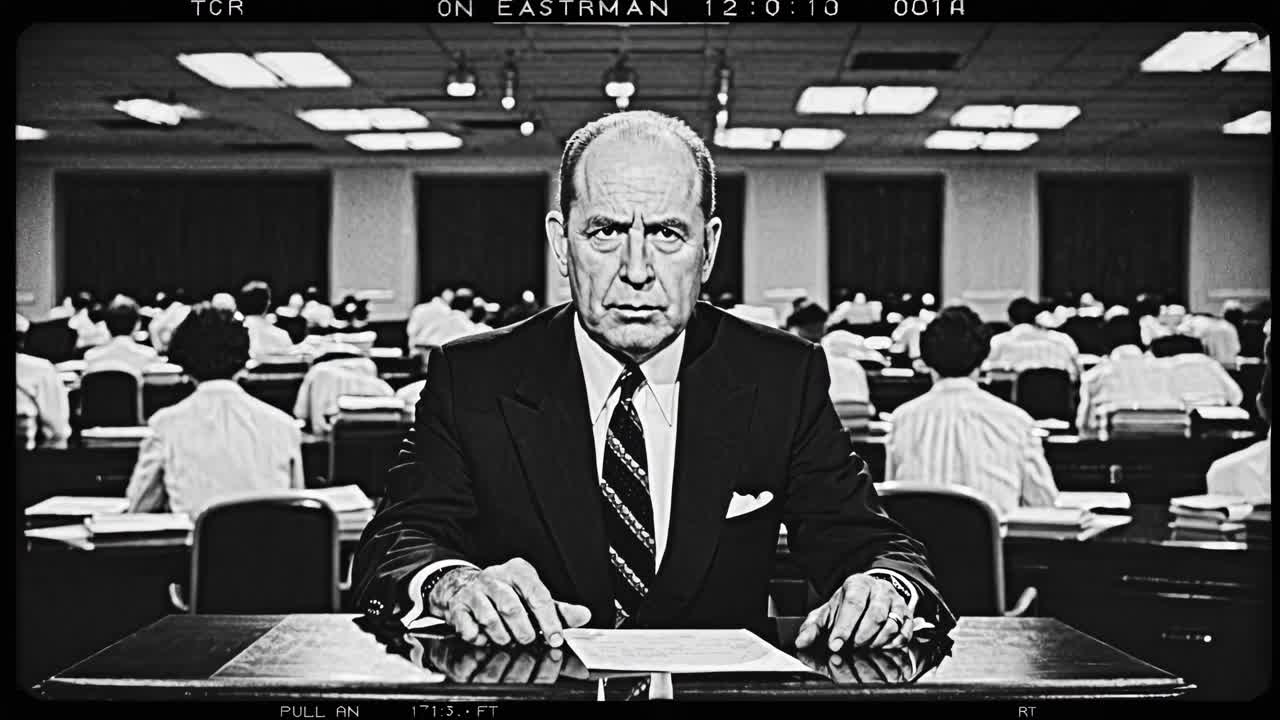 Professional news anchor wearing formal suit and tie delivering serious news report while sitting at desk, holding paper in busy newsroom background with black and white vintage aesthetic