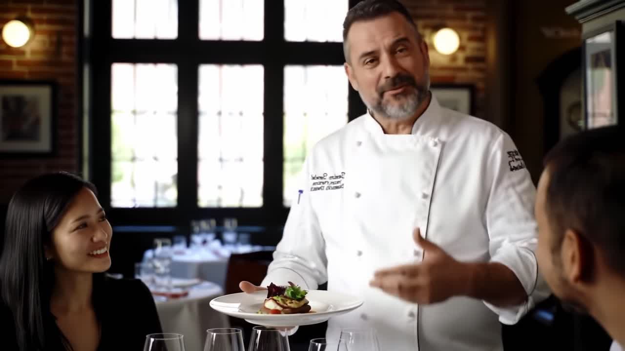Chef Presents an Exquisite Dish to Delighted Diners in a Cozy Restaurant Setting