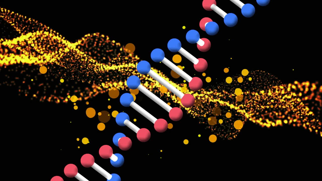 금색 풍경 위에 회전하는 dna 가닥과 오렌지색 반점이 검은색으로 움직이는 애니메이션