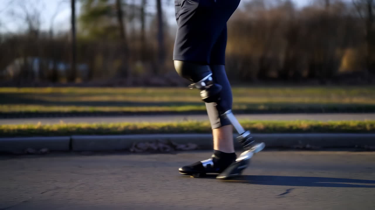 Person with a prosthetic running blade walking or running outdoors