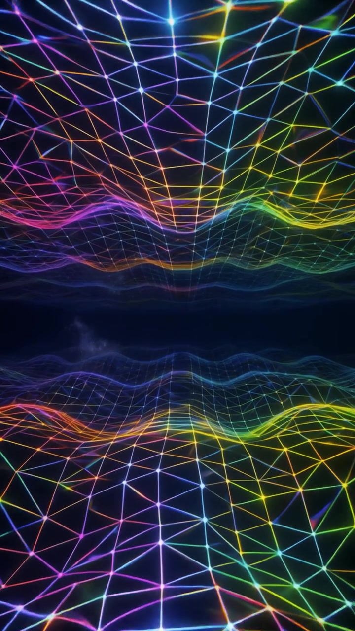 Abstract Neon Rainbow Grid Waves Moving in Dark Space