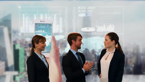 Animation-of-caucasian-male-and-female-businesspeople-over-hand-with-smartphone-and-cityscape