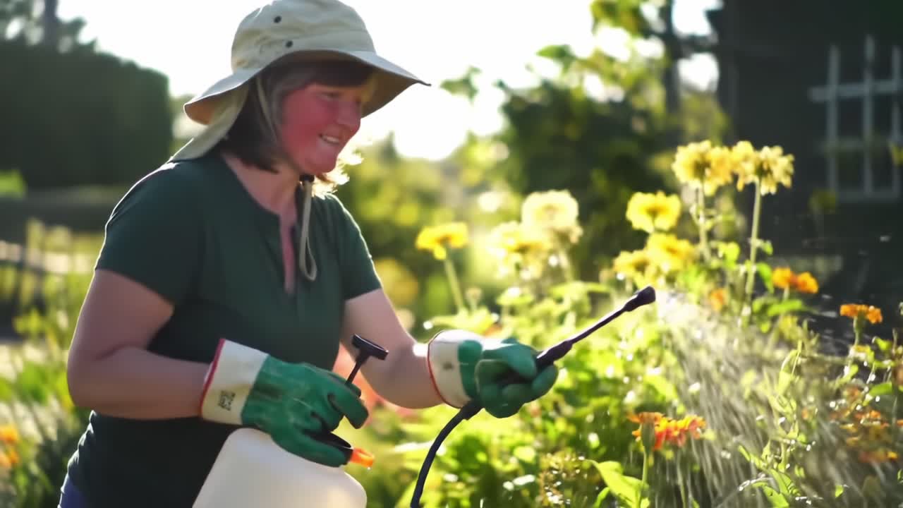 A Gardener Tending to Vibrant Flowers with Precision and Care, Utilizing a Sprayer to Maintain their Health and Beauty in a Lush Outdoor Environment