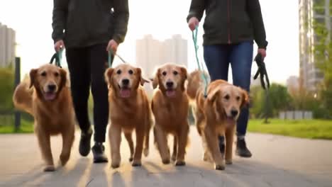a joyful stroll: two dog owners walk four golden retrievers along a sunlit path in an urban park, showcasing their bond and playful nature