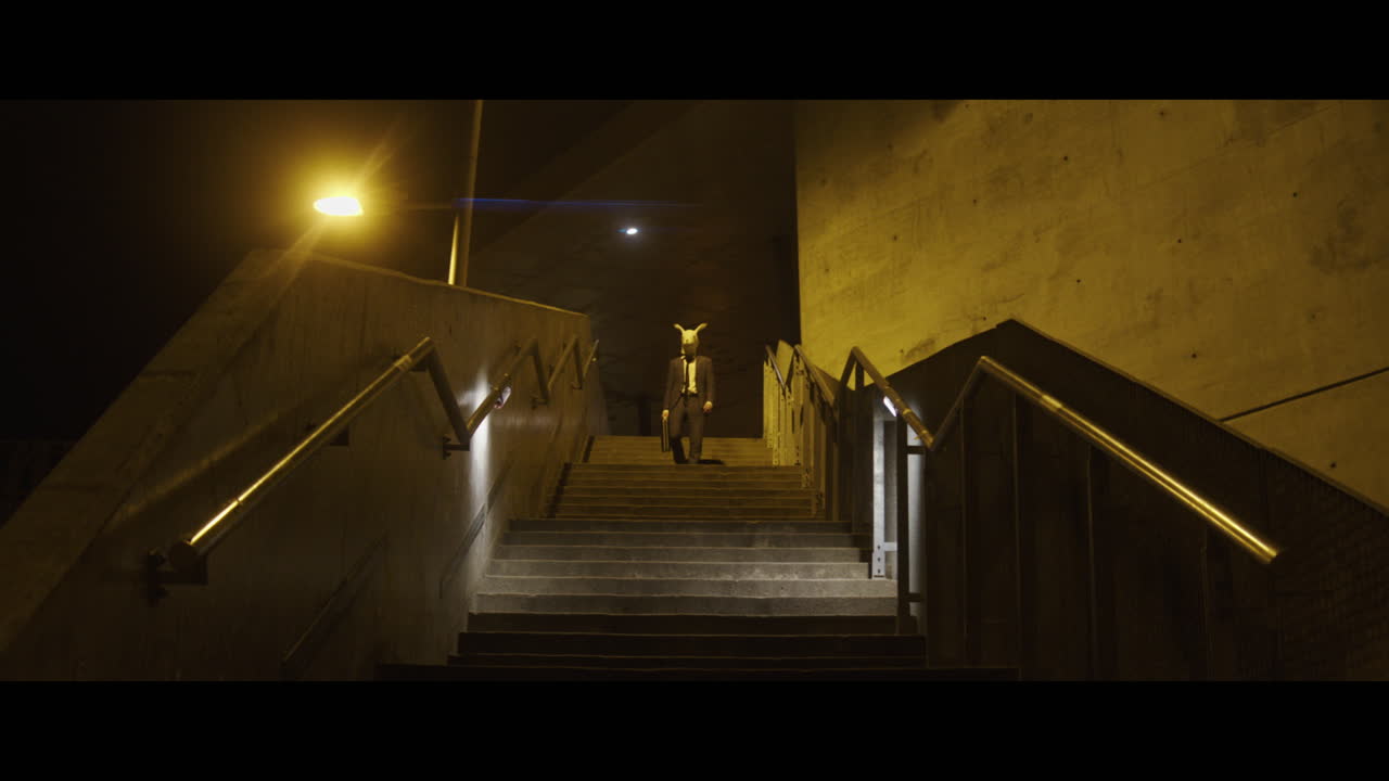 Man walking down the stairs with a rabbit head carries a briefcase