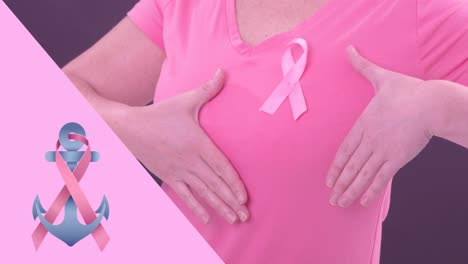 Animation-of-pink-breast-cancer-ribbon-over-caucasian-woman