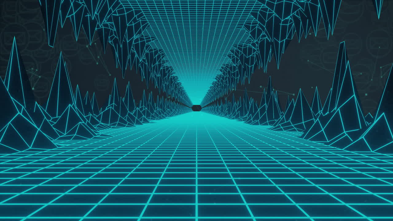 Futuristic grid tunnel with geometric shapes, digital landscape animation