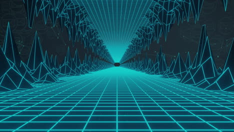 futuristic grid tunnel with geometric shapes, digital landscape animation