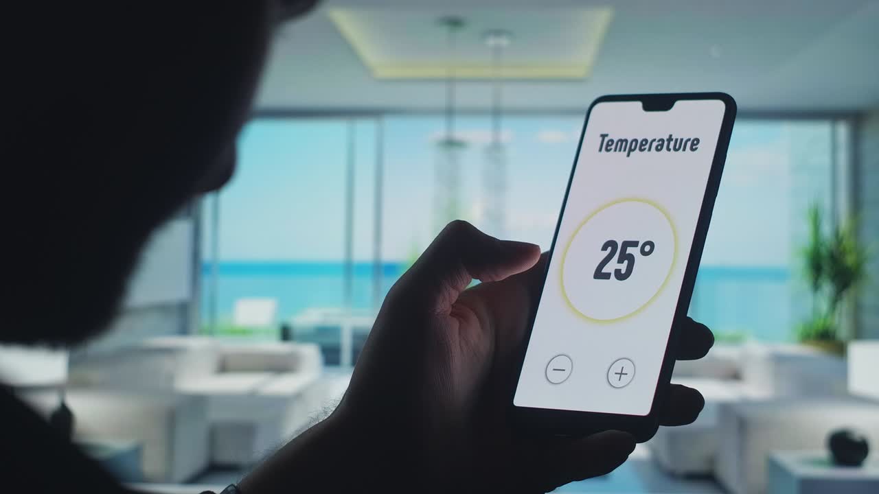 interfaz de tecnología de hogar inteligente en la pantalla de la aplicación de teléfono inteligente con visión de realidad aumentada de internet de las cosas objetos conectados en el interior del apartamento, dispositivo de retención de personas.