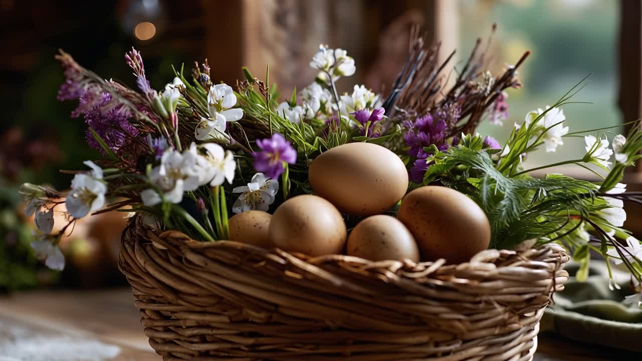 Woven basket holds eggs and wildflowers. Sunlight glows through rustic window frame. Natural textures feel warm and inviting. Still life celebrates simple, organic beauty
